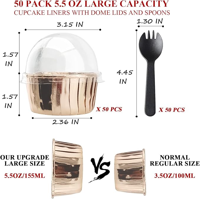 5oz Baking Cups with Lids 50 Pack,LNYZQUS Foil Cupcake Liners Muffin Tins,Disposable Ramekins Pans Muffin Cups Jumbo Cupcake Wrappers Holders for Wedding Party-Champagne - Image 3