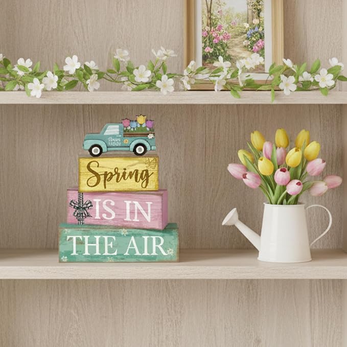 Moucuny 4 Pcs Spring Table Decor Wooden Blue Truck Decoration Flower Centerpiece Spring Tiered Tray Decor Decorative Colorful Flower Block Signs Gift Farmhouse Decoration for Home Kitchen - Image 6