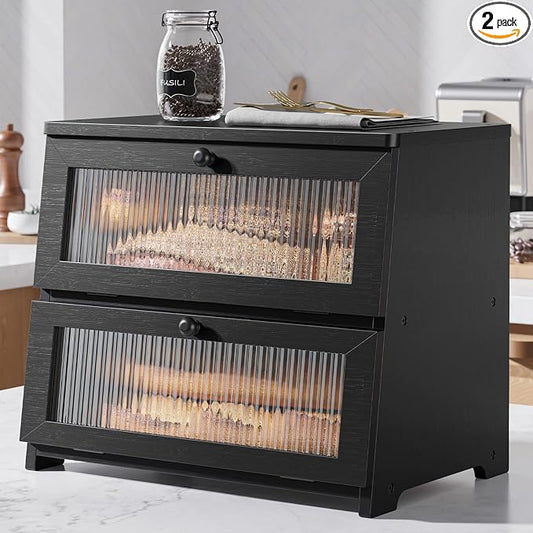 Kitsure Wooden Bread Box for Kitchen Countertop, 2-Tier, Black | Large Capacity Kitchen Countertop Organizer, Stylish Bread Storage with Window, Multi-functional Container by Kitsure
