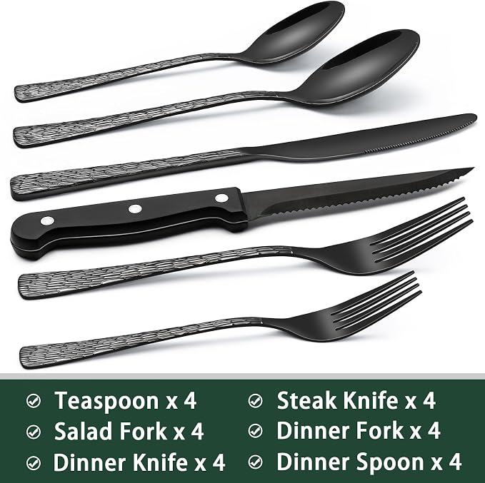 EWFEN 24-Piece Black Silverware Set with Steak Knives, Black Flatware Set for 4, Food-Grade Stainless Steel Tableware Cutlery Set, Mirror Finished Utensil Sets for Home Restaurant, Tree Pattern - Image 2