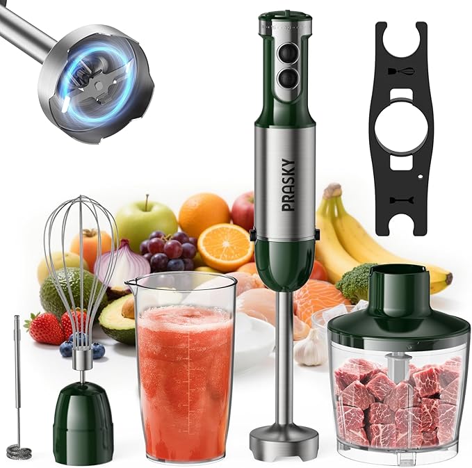 Immersion Blender Handheld Hand Blenders, 20 Speed & Turbo Mode Hand Held Blender, Heaviest Duty Copper Motor, Stainless Steel Blades, Milk Frother Wand, Whisk, 600ml Beaker, 500ml Chopper (Green)