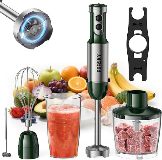 Immersion Blender Handheld Hand Blenders, 20 Speed & Turbo Mode Hand Held Blender, Heaviest Duty Copper Motor, Stainless Steel Blades, Milk Frother Wand, Whisk, 600ml Beaker, 500ml Chopper (Green)