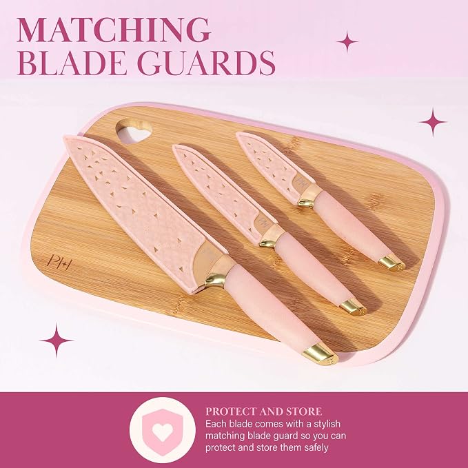 Paris Hilton Bamboo Cutting Board for Kitchen, Reversible Cutting Board and Cutlery Set with High Carbon Stainless Steel Knives and Blade Guards, Comfortable Handle Grips, 7-Piece Set, Gold and Pink - Image 6