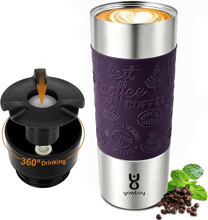 Travel Coffee Mug with 360°Lid, Travel Coffee Tumbler 16 oz Leak Proof, Stainless Steel Insulated Travel Mugs for Hot and Cold Spill Proof Leak Proof (Purple) by Yawbay