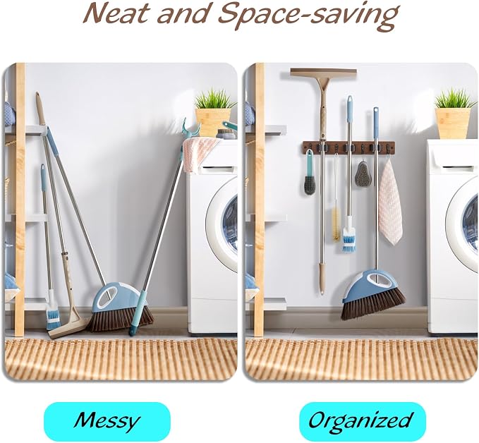 OUTNILI Mop Broom Holder Wall Mount with 3 Slots & 4 Hooks - Wood Broom Mop Hanger for Pantry Kitchen Organization - Garden Tool Organizer for Closet Laundry Room - for Rustic Farmhouse Kitchen Decor - Image 4