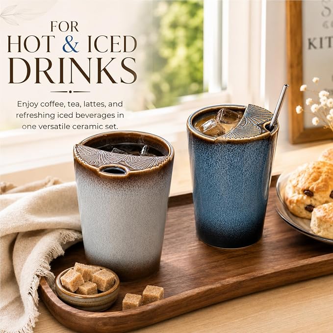 2 Pack Ceramic Coffee Mug with Sip Hole, Retro Espresso Cup 13 oz with 2 Straws and 2 Cleaning Brushes Ceramic Iced Coffee Tea Travel Mug Latte Cup for Kitchen Dining - Image 4