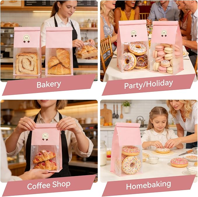 Funcoo 50 Bakery Bags with Window, 5.1x3.9x11 Inches Paper Bread Bags, Tin Tie Tab Lock Cookie Bags Food Storage Bag for Snacks, Popcorn, Candies, 60 pcs Stickers Included - Image 7