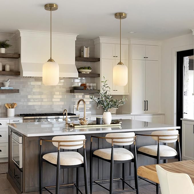KCO Lighting Brass Gold Mini 5.5” Ribbed Cylinder White Glass Pendant Light | Adjustable Cord E26 Hardwired Hanging Lamp Mid Century Modern Vintage Hanging Light for Kitchen Island Bedroom Dining Room - Image 4