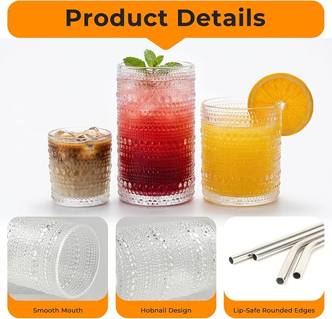 CycleMore 12Pc Vintage Hobnail Drinking Glasses, 12oz 10oz 4oz Clear Cup | BPA Free, Dishwasher Safe, Multisize Vintage Hobnail Glasses. Ideal for Juice, Cocktails, Whiskey, Smoothies & Espresso - Image 5