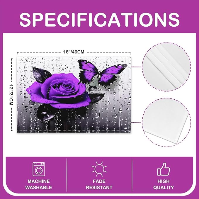 Feelyou Purple Rose Table Place Mats,Romantic Floral Blossom Rose Placemats Set of 4 18"x12",Boys, Girls Butterfly Placemat for Kitchen Dining Table Decor Indoor Outdoor - Image 4