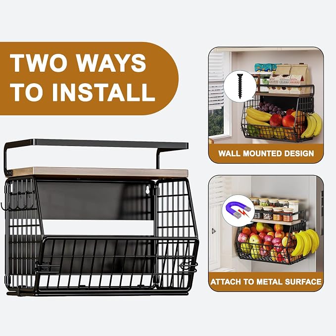 Fruit Basket 2 IN 1 Magnetic & Hanging Wall Produce Basket with Spice Rack for Potato and Onion Storage for Pantry,Kitchen Countertop and Fridge Organizer 2 PCS - Image 6