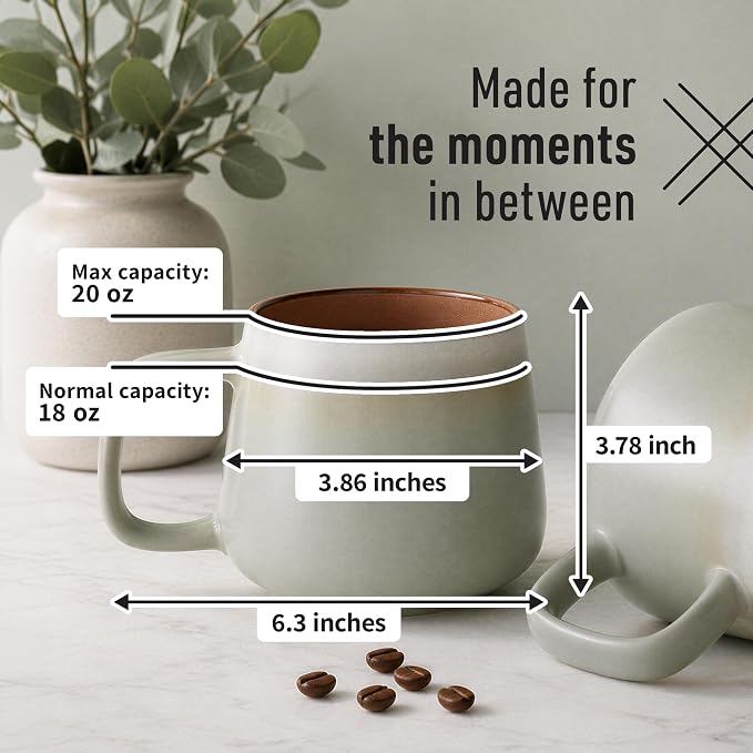 Ava Nord Large Stoneware Ceramic Coffee Mugs Set of 2-20 oz - Sage Ash | Lead-Free, Non-Toxic, Freezer - Microwave & Dishwasher Safe, Comfortable Handle, Aesthetic Nordic Design for Tea, Cocoa - Image 2