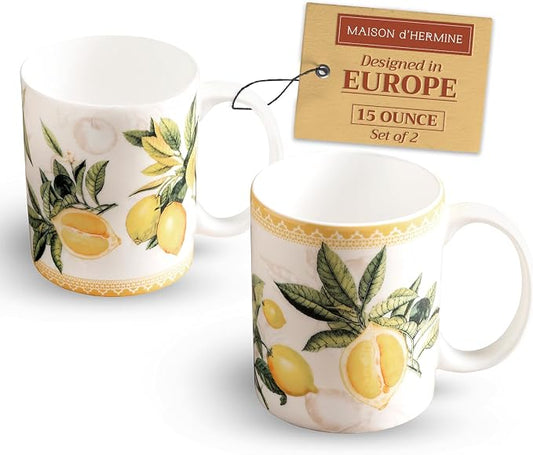 Maison d' Hermine Coffee Mug with Handles Tea Cups (15 Ounce, Pack of 2) | Fine Bone China Coffee Mugs for Hot Beverages Cappuccino Latte Home Restaurant Hotel Spring Summer -Limoncello by MaisondHermine