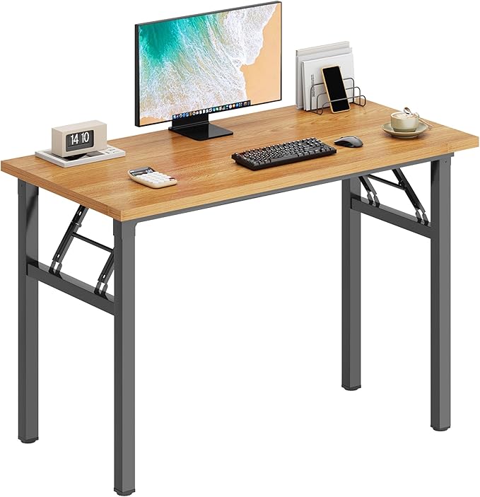 DlandHome 39.4 Inch Small Folding Computer Desk for Home Office, Teak Black | Foldable Writing Table for Small Spaces Bedroom, No Assembly Required, Wood Top Metal Frame, Collapsible Compact Easy Storage by DlandHome