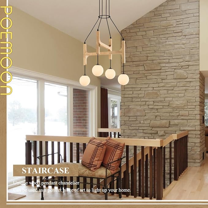 Natural Farmhouse Wood Chandeliers Vintage Milk Glass Pendant Light L24 '' Mid Century Long 4-Light Hanging Fixture for Living Dining Room Entryway Foyer Bedroom Kitchen,G9 - Image 2
