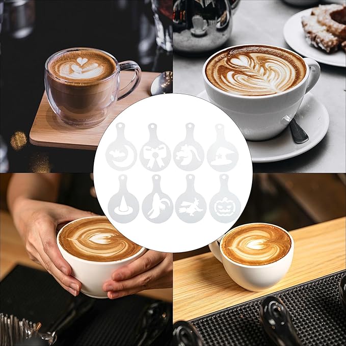 Coffee Stencils - Latte Art Printer, 8 Piece Halloween Design Kit, Reusable Decoration Template, Creative Baking Mold | Tool for Bread, Cake, Cappuccino, Dessert Art, Restaurant or Home