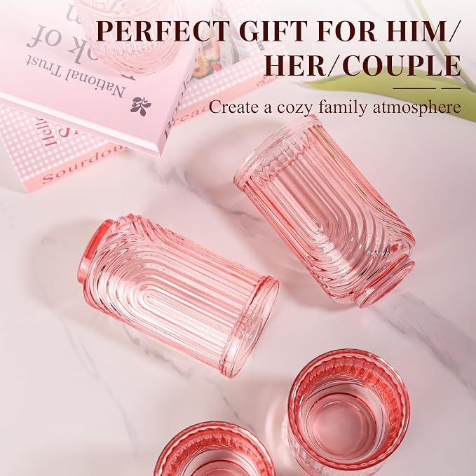 Pink Vintage Drinking Glasses Set of 6-17oz Hand-Blown Highball Ribbed Glassware, Arch Design Cocktail Glasses for Whiskey Water Beverages Ice Coffee Juice Milk - Image 6
