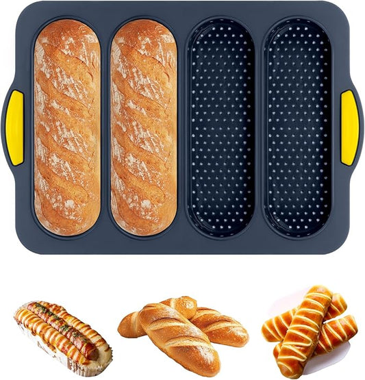 Silicone Bread Loaf Pan, 4-cavity Non-Stick Baguette Bread Pan Heat Resistant Hot Dog Bun Mold, for Sub Roll Baking Pan Bread Pans for Homemade Bread（Gray）