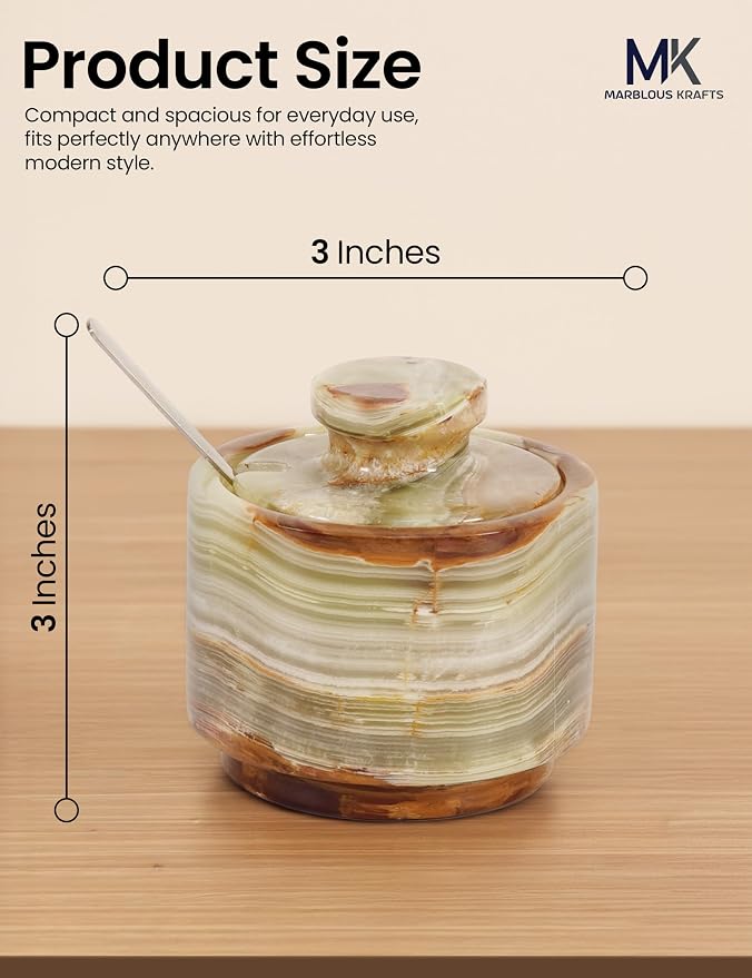 MARBLOUS KRAFTS Marble Salt Cellar with Lid and Spoon 3" Inch Green Stone Salt Dish for Kitchen Countertop Storage, Small Set of 2 Seasoning Containers, Spice Jars, Sugar Bowl - Image 3
