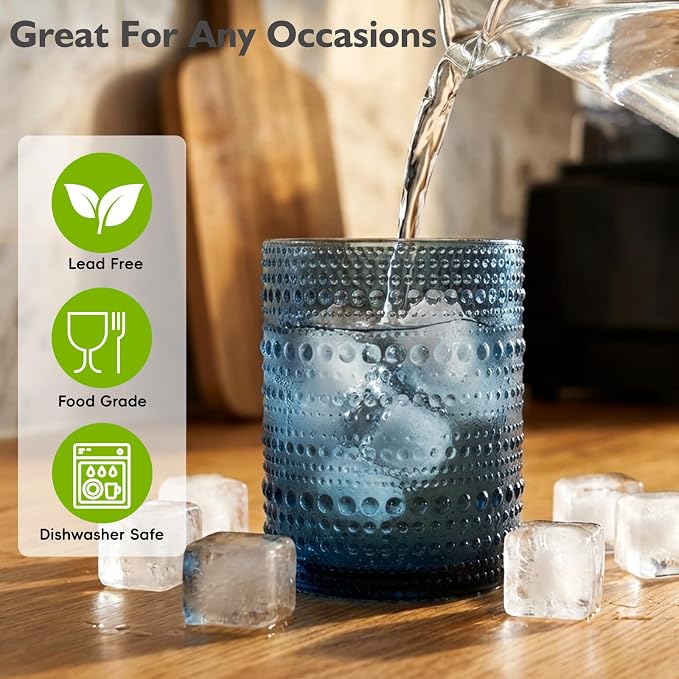 Moretoes 10oz Blue Hobnail Drinking Glasses Set of 6 Cocktail Glasses | Vintage Old Fashion Glassware, Textured Glass Cups Bubble Glasses Water Glasses Jupiter Glasses Set - Image 4