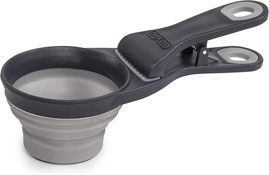 Dexas Pets Collapsible KlipScoop Collapsible Dry Dog Food Scoop and Dog Food Bag Clip, 2 Cup Capacity, Light Gray (PW670432429)