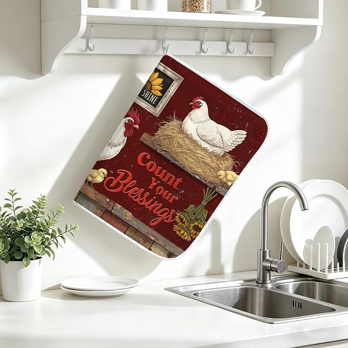 Rustic Hens Dish Drying Mat for Kitchen Counter Coffee Bar 18x24 in | Farmhouse Themed Non Slip Absorbent Kitchen Dishes Drainer Mat, with Anti-slip Rubber Backing & Hanging Loop, for Sink - Image 7