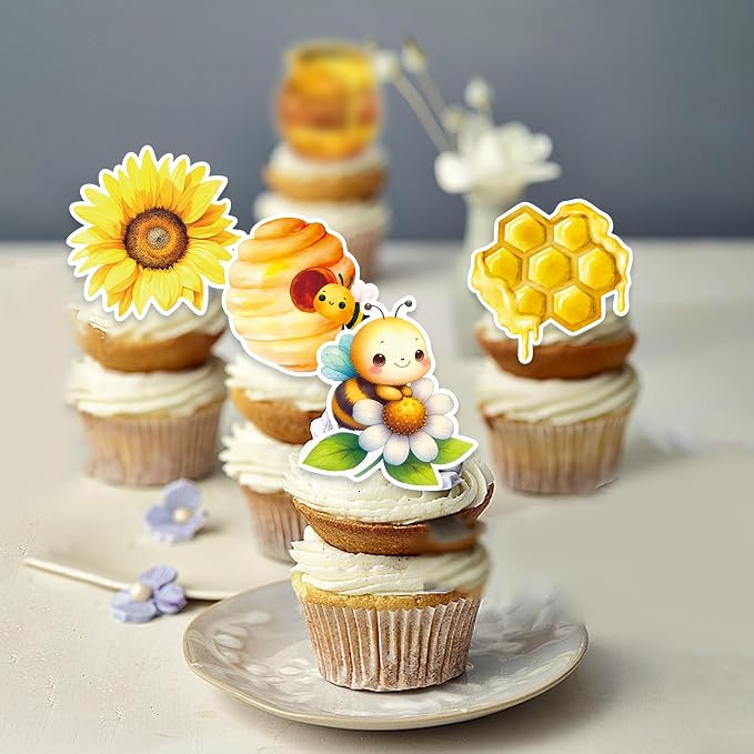 48 PCS Edible Bumble Bee Cupcake Toppers Wafer Paper Oh Babee Cake Decorations for Bee Theme Baby Shower Kids Boys Girls Birthday Cake Party Decoration - Image 4