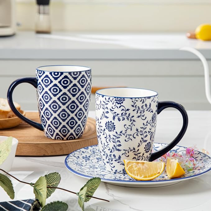 Ceramic Coffee Mugs Set - 16 Oz Large Porcelain Tea Cups with Handle for Men Women Latte Cocoa Cappuccino - Christmas Housewarming Gift - Dishwasher Safe - Set of 6 - Vintage Blue - Image 5
