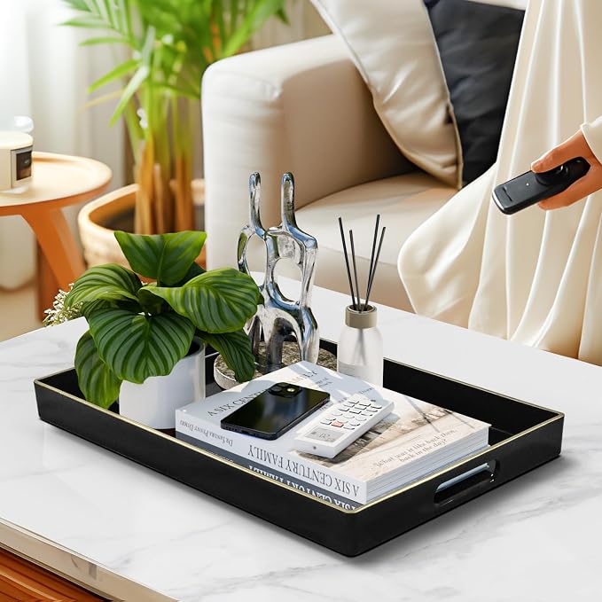 MAONAME Black Decorative Tray for Coffee Table, Serving Tray with Handles | Plastic Melamine Tray, Modern Ottoman Tray, Rectangular Countertop Organizer Tray for Living Room, 15.8"L x 10.2"W x 1.4"H - Image 6