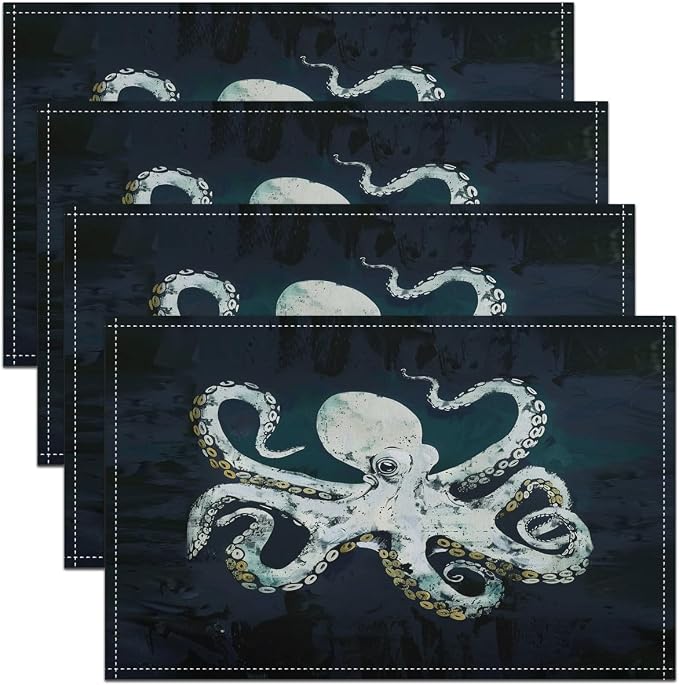 Feelyou Gray Blue Octopus Placemats Set of 4 12"x18" Tentacles Table Mats Placemat Room Decor Ocean Kraken Placemats for Dining Table Indoor Outdoor Kitchen Sealife Sea Animal Decor Table Place Mats by Feelyou