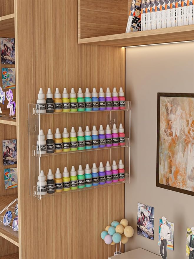 3 Tier Display Rack, Clear Paint Rack Wall-Mount (No Drill), Acrylic Craft Paint Storage Organizer, Miniature Holder for 2oz Bottle, Nail Polish Organizer, Badges, Mini Figures (1)