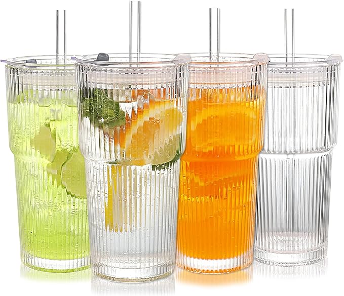 Ribbed Glass Tumbler with Lids and Straws, 20oz Vintage Clear Glass cups, Large capacity, Unbreakable, Fluted Design, Ideal for Water, Iced Coffee, Juice, Tea, Latte, Gift (4)