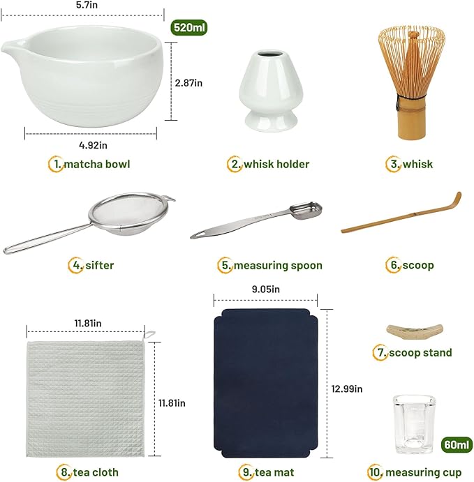 Matcha Whisk Set 10-Pcs Kit, Whisk and Bowl with Spout & Measuring Spoon & Cup, Japanese Tea Making Tools, Grey