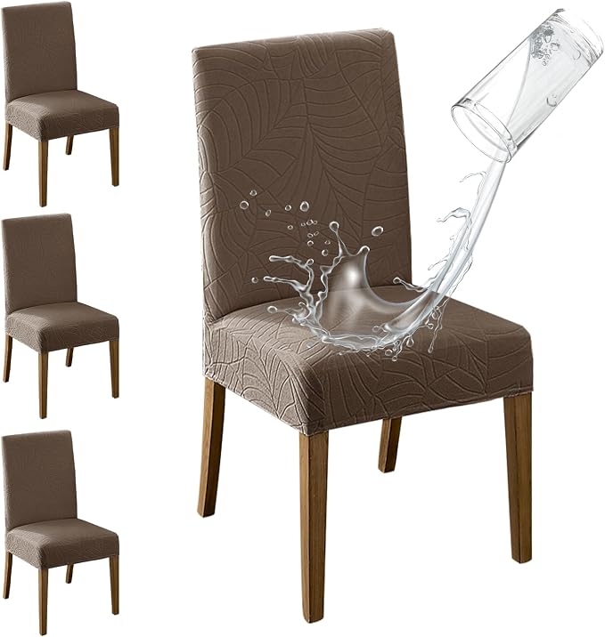 MOSAYT 100% Waterproof Dining Room Chair Covers Set of 4, Super Fit Stretch Jacquard Parson Chairs Slipcovers Removable Washable Chair Seat Protectors for Home, Kitchen, Banquet (Taupe - XL) by MOSAYT