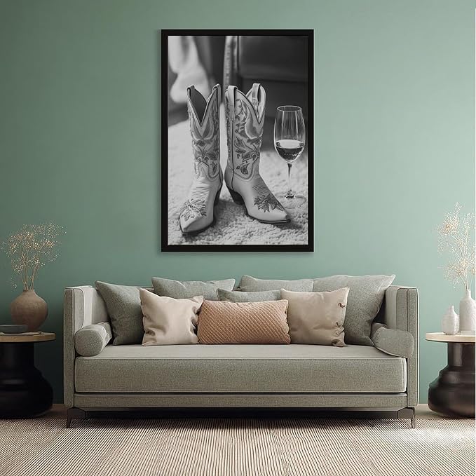 UXCBIA Cowboy Boots And Wine, Black And White, Stylish Vintage Country Poster Canvas Poster Bedroom Decor Sports Landscape Office Room Decor Gift Black Frame 24x36in(60x90cm) - Image 5