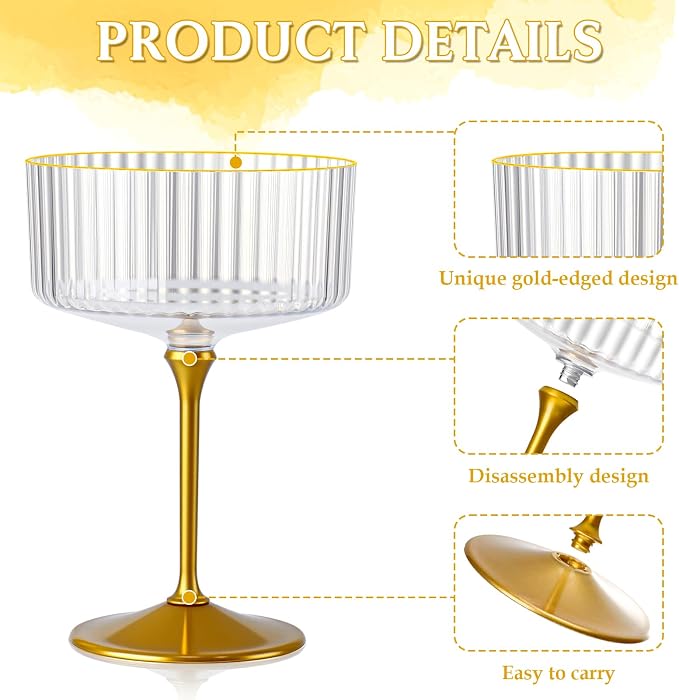 12 PCS Ribbed Coupe Glasses with Gold Stem Clear Plastic Champagne Coupe Cup 10oz Detachable Gold Rim Espresso Martini Glass Vintage Margarita Glassware Cocktail Glass for Christmas - Image 3