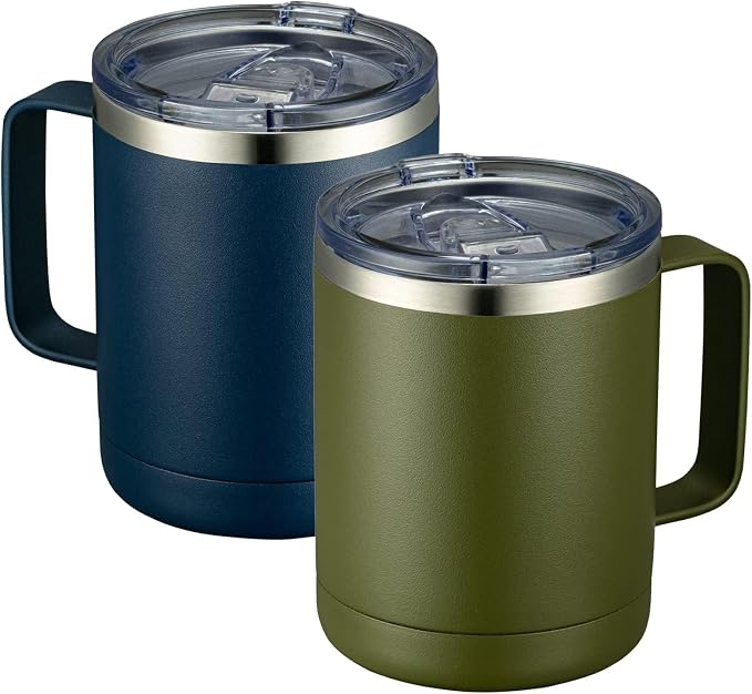 MEWAY 12oz Coffee Mug With Handle 2 Pack Bulk,Stainless Steel Insulated Travel Tumblers With Sliding Lid,Double Wall Vacuum Camping Cup for Hot & Cold Drinks Tea (Multicolor,Set of 2) by MEWAY