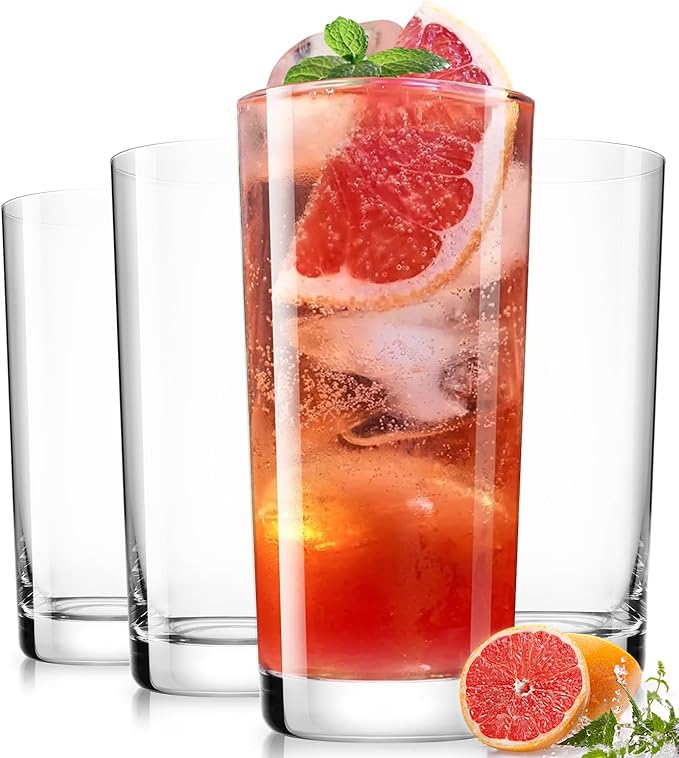 Drinking Water Glass Cups Set,Crystal Highball Glasses cups set of 4,16oz | Wide Mouth Design Tall Glassware for Cocktail Parties, Family Dinners by LUNAMANTHA