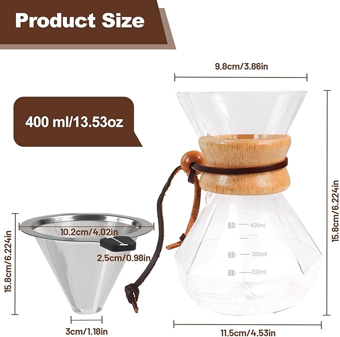 Pour Over Coffee Pot Set 400ml Features 304 Stainless Steel Filter Glass Coffee Pot with High Borosilicate Glass Duckbill Spout Design Solid Wood Handle Pour Over Coffee Drippers Daily Brewing