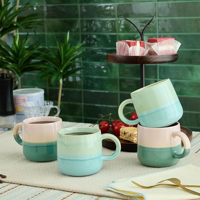 2 Pack Large Coffee Mugs 16 Oz - Hand Painted Gradient Ceramic Cups, Microwave & Dishwasher Safe. Aesthetic Pink Green Tea Mug Set for Women, Unique Kitchen Decor Gift-4pack - Image 2