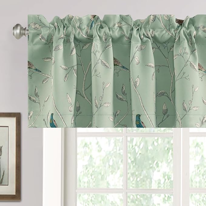 H.VERSAILTEX Blackout Curtain Valances for Kitchen Window/Living Room/Bathroom Privacy Added Rod Pocket Home Decoration Winow Valance, 52" W x 18" L, Birds in Sage by HVERSAILTEX