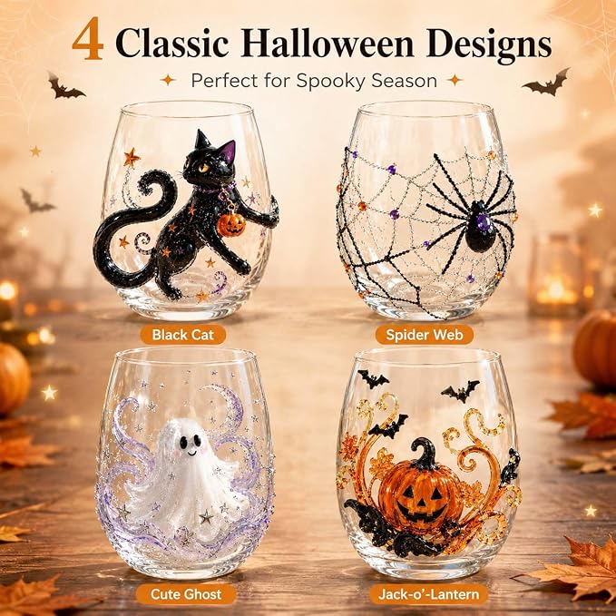 Halloween Ghost Stemless Wine Glass, 3D Raised Pumpkin Black Cat Spider Design Glassware Collection, Novelty Spooky Drinking Glasses for Cocktails, Halloween Party Decor Home Bar Gift，Ghost Edition - Image 3