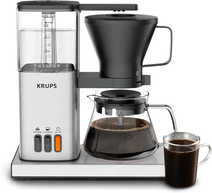 KRUPS Essential Brewer 8 Cup Drip Coffee Maker Machine, SCA-Certified, Blooming Technology, Barista-Quality, Pour Over Coffee Machine, Easy to Clean, Stainless Steel Design, Silver by KRUPS