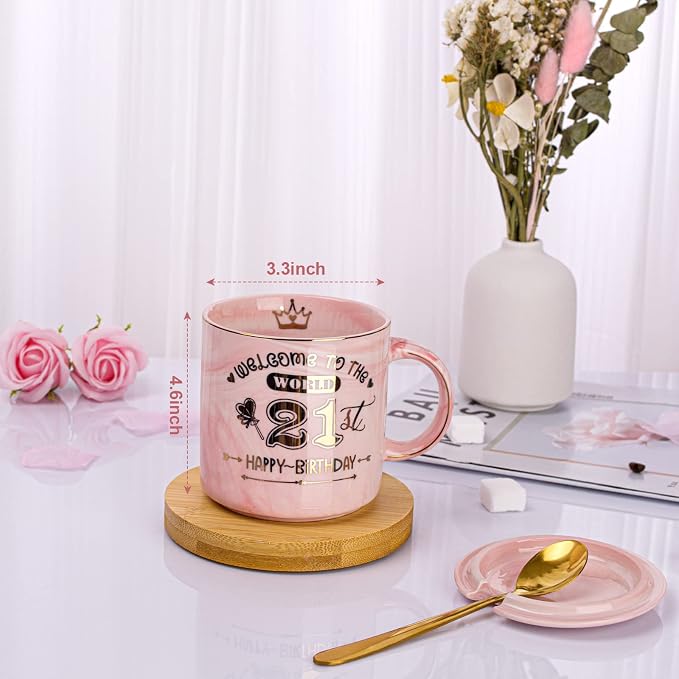 Happy 21st Birthday Gifts for Her - 14oz Pink Marble Coffee Mug with Gold Print, Funny 21 Bday Gift Idea Presents for 21 Year Old Women, Daughters, Girls, Female Friends, with Greeting Card, Gift Box - Image 2
