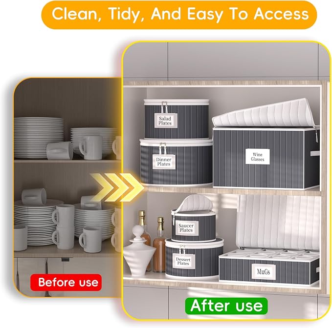 Fine China Storage Containers, 6 Piece Dish Storage Containers, Stackable Plate Storage, Coffee Mug Storage and Wine Glass Storage Box with Dividers, Quilted Dish Organizers, Grey - Image 7