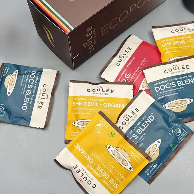 Coulée EcoPour Coffee Variety Pack, Single Serve Pour Over Coffee, Use for Camping or Traveling, Pre Filled Compostable Filters, Ready to Brew with Hot Water, Includes 4 Flavors, 20 Pack