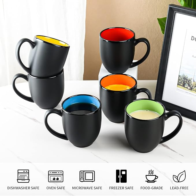 BYCNZB 16oz ceramic Coffee Mug Sets with Large Handles Matte Black Porcelain Mug Multiple colors Cups for Coffee, Tea, Juice, Cocoa Set of 6 (16oz) - Image 3