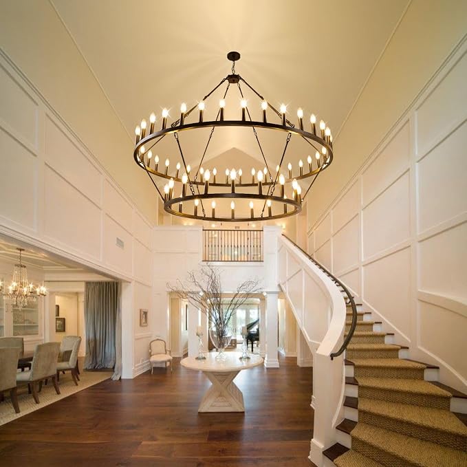 60 Inch Black Wagon Wheel Chandelier, 2 Tier 54-Lights Farmhouse Chandelier for Living Room, Round Rustic Dining Room Light Fixture, Extra Large Foyer Chandeliers for High Ceilings, for Entryway - Image 6