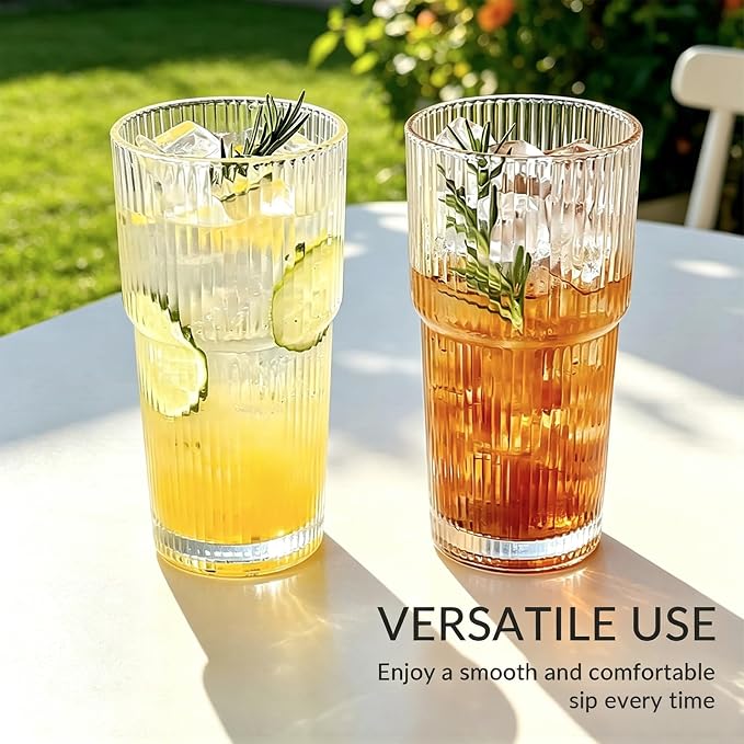 Puraville 2 Pack Glass Cups with Lids and Straws, 20oz, Ribbed Pattern | Reusable Thick Iced Coffee Tumblers for Juice Cold Drinks, Leak Proof Glassware for Summer - Image 3