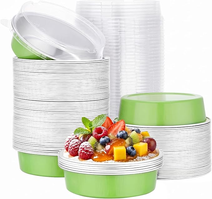 Beasea Mini Aluminum Cupcake Pans With Lids, 100 Pack 7.3oz Disposable Pie Pans, 4 Inch Aluminum Foil Baking Cups Pie Tart Tins Round Oven Dishes For Cheesecake Tart Quiche Dessert - Matcha Green by Beasea